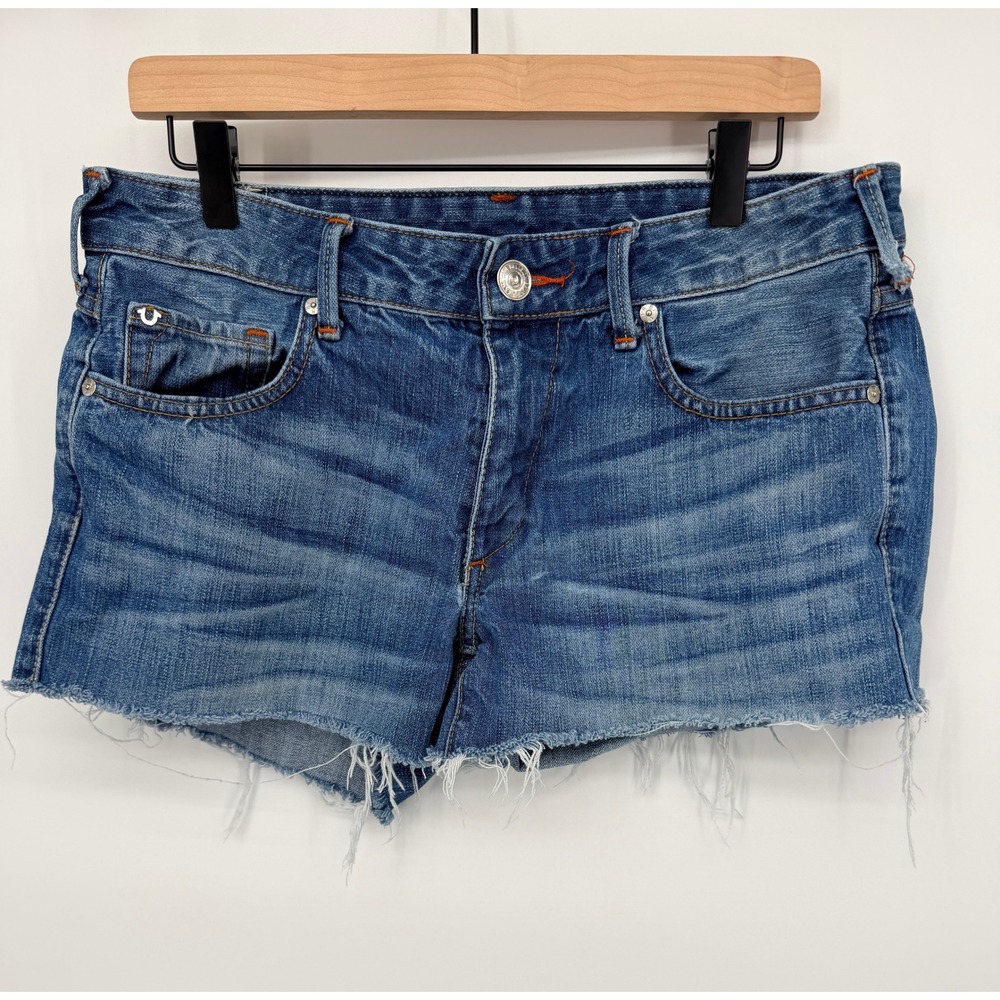 True Religion Denim Shorts Womens 30 Blue Good Frayed Cutoff Flap Pocket Y2K